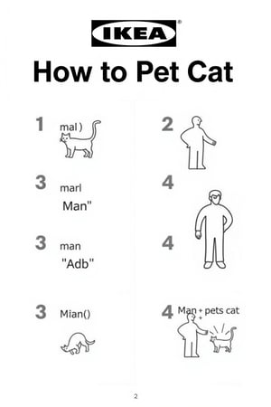 This image is a black-and-white line drawing, styled as a product listing for IKEA, featuring a man and a cat. There are four numbered steps, each accompanied by a small, detailed illustration. Step 1: A small cat is shown, "cat". Step 2: A man is depicted, "Man ". Step 3: A man approaching is shown, "Approach". Step 4: A small man petting the cat is illustrated, "Man pets cat".

The background is plain white, with the IKEA logo and "How to Pet Cat" in bold, uppercase letters at the top.
