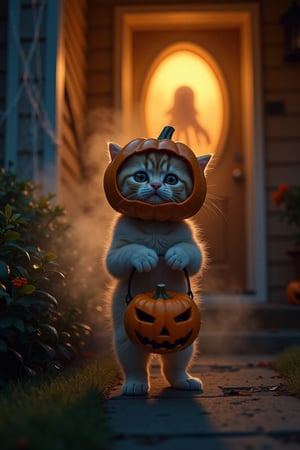 Professional film grain horror photography of a kitten wearing a carved pumpkin as a helmet, its small paws holding a candy bucket while trick-or-treating outside a spooky door. The kitten's costume is cute yet eerie, with the pumpkin head slightly oversized for its body. Wisps of smoke and a ghostly gas spirit rise from the ground behind the kitten, giving the scene a haunting, supernatural feel. The front door of a house is decorated with cobwebs and Halloween decorations, illuminated by a flickering porch light. The overall vibe is whimsical and spooky. Soft moonlight, misty atmosphere, glowing Halloween decorations, spooky yet adorable mood.
smoke and gas spirit rising up.  horror scary glowing