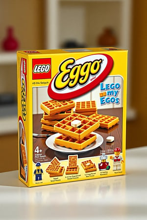 A colorful Lego box set featuring Kellogg's Eggo Waffles. The front of the box shows a breakfast table with stacks of Lego Eggo waffles. The iconic Kellogg's Eggo logo is prominently displayed, along with the playful tagline "Lego my Eggos" in bold, fun lettering. The box features bright yellow and red colors, mimicking the look of the real Eggo packaging, and includes images of waffle pieces, syrup bottles, and other breakfast-themed Lego accessories. The overall design combines the charm of Lego with a breakfast favorite, making it feel fun and collectible.