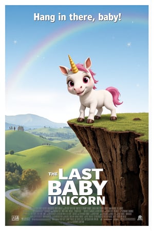 Vintage Movie poster for "The Last Baby Unicorn", featuring A cute, wide-eyed baby unicorn with pastel-colored fur and a tiny horn clings precariously to the edge of a cliff, looking both determined and a bit nervous. In the background, a whimsical, mystical landscape is visible, with gentle hills, magical sparkles, and a faint rainbow. tagline at the top reads: "Hang in there, baby!"  At the bottom, add the film title, "The Last Baby Unicorn," in a playful, fantasy-style font that complements the lighthearted tone.