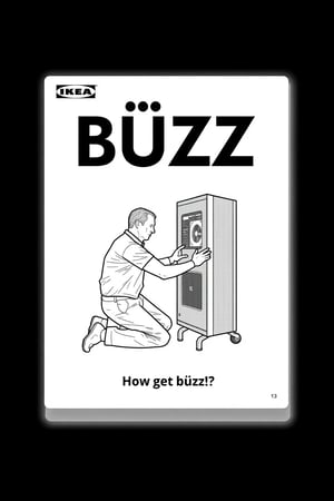 This image is a black-and-white line drawing, styled as a product listing for IKEA, featuring a cartoon man kneeling before a GPU. The drawing is digital and features a detailed illustration of a man kneeling, holding his GPU. . The background is plain white, with the IKEA logo and "BÜZZ" in bold, uppercase letters at the top. Text underneath: "Höw get büzz!?"