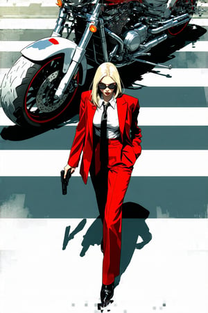 Anime style. Art by J.C. Leyendecker. Overhead shot of a Blonde woman walking away from a futuristic motorcycle parked at a zebra crossing. The woman has bob hair, is smoking. She wear a red business suit, white shirt, black tie, and sunglasses. She holds a gun with a confident grip. The motorcycle itself is red, sleek and metallic, with intricate designs and a futuristic vibe 