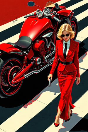 Style of BNR red highlights and outlines. Anime style. Art by J.C. Leyendecker. Overhead shot of an Blonde woman walking away from a futuristic motorcycle parked at a zebra crossing. The woman has bob hair, is smoking. She wear a red business suit, white shirt, black tie, and sunglasses. She holds a gun with a confident grip. The motorcycle itself is red, sleek and metallic, with intricate designs and a futuristic vibe