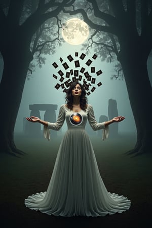 A Victorian-era woman in a flowing white dress, her face obscured by a swarm of tarot cards floating around her head. She stands in a misty forest clearing, with ancient trees forming an arch above her. Moonlight filters through the branches, casting eerie shadows. In her outstretched hands, she holds a crystal ball that seems to contain a miniature, swirling galaxy. A stone henge can be seen towering in the mists behind her.