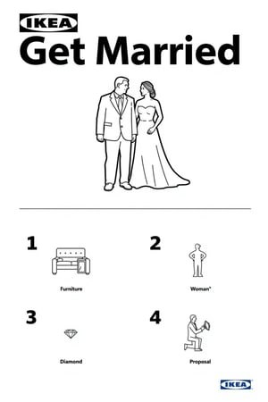 This image is a black-and-white line drawing, styled as a product listing for IKEA, featuring a couple getting married.

Below the couple, there are four numbered steps, each accompanied by a small, detailed illustration. Step 1: Furniture is shown, "Furniture". Step 2: A small woman is depicted, "Woman ". Step 3: A small diamond, "Diamond". Step 4: A small man kneeling, proposing to a small woman is illustrated, "Proposal". The background is plain white, with the IKEA logo and "Get Married" in bold, uppercase letters at the top.
