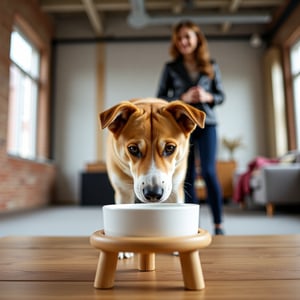 Close up of a dog approaching a small ceramic bowl with a  bamboo stand.  Behind the dog, a stylish woman, smiling stands nearby,  Background is a spacious, minimalist loft with high ceilings and exposed brick walls. 