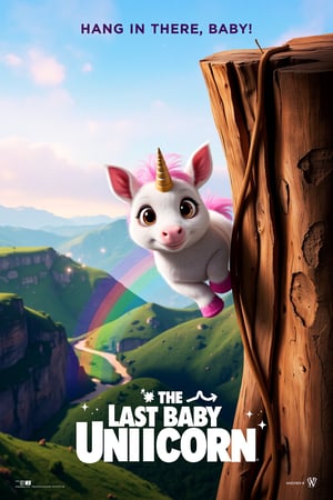 mvpstr. Epic Movie poster for "The Last Baby Unicorn", featuring A cute, wide-eyed baby unicorn with pastel-colored fur and a tiny horn hanging precariously to the edge of a cliff, about to fall off. In the background, a whimsical, mystical landscape is visible, with gentle hills, magical sparkles, and a faint rainbow. tagline at the top reads: "Hang in there, baby!"  At the bottom, add the film title, "The Last Baby Unicorn," in a playful, fantasy-style font that complements the lighthearted tone.