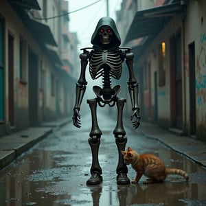 A broken terminator robot skeleton, covered in a hood, abandoned in a rain-soaked back alley. The weathered metal contrasts with the damp pavement, creating an eerie atmosphere. A curious kitten cautiously explores the skeleton, its fur glistening with raindrops. The overall ambiance of the image is both melancholic and mysterious, evoking a sense of abandonment and the passage of time.