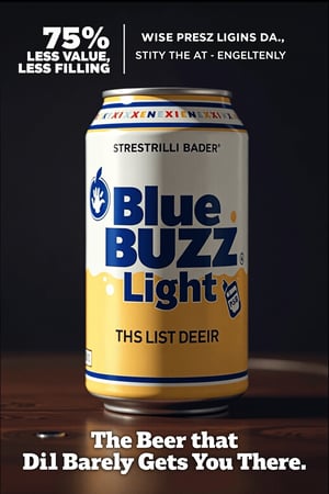 A humorous, satirical advertisement for "Blue Buzz Light Beer," showcasing a comically plain beer can with minimal branding that reads "Blue Buzz Light" in a simple font. The can is labeled as "75% Less Value, Less Filling," emphasizing its ironic lack of quality. The ad setup is in a mock 1980s commercial style, with exaggerated colors and a deliberately low-budget feel. The can is half-filled with foam and bubbles, giving it an underwhelming appearance. Dimly lit with soft shadows, cheesy slogan at the bottom reads "The Beer that Barely Gets You There!" vintage advertisement style, retro color palette, playful, ironic, cinematic lighting, soft blur edges.