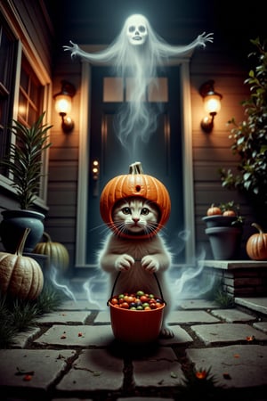 Professional film grain horror photography. View from a fisheye lens of a kitten standing in front of a house. The kitten is wearing a carved pumpkin as a helmet, its small paws holding a candy bucket while trick-or-treating outside a spooky door. The kitten's costume is cute yet eerie, with the pumpkin head slightly oversized for its body. Wisps of smoke and a ghostly gas spirit rise from the ground behind the kitten, giving the scene a haunting, supernatural feel. The overall vibe is whimsical and spooky. Soft moonlight, misty atmosphere, glowing Halloween decorations, spooky yet adorable mood.
smoke and gas spirit rising up.  horror scary glowing