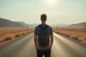 A man is at a crossroad in the desert. The man wears a dark grey shirt and black pants wearing a backpack. The road on the right lead to a distant oasis, is covered by a bright light. The road on the left is covered by a dark shadow. The man looks toward the lush green oasis.