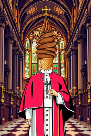 Pop art, graphic, 60s, Illustrate a surreal and whimsical scene of the Pope standing inside a grand, ornate church. The Pope is dressed in traditional papal robes, but with a humorous twist--his head is replaced by a perfectly swirled chocolate soft-serve ice cream cone. The church interior is richly detailed with stained glass windows, high arches, and gold accents, creating a contrast with the playful, unexpected ice cream head. The atmosphere should be a mix of reverence and light-hearted absurdity, blending the solemnity of the church setting with the whimsical and humorous nature of the Pope's ice cream swirl head.