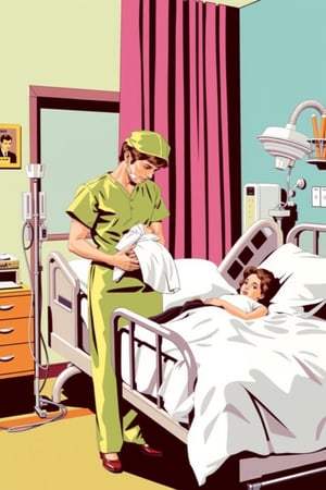 Pop art, graphic, 60s, delivery room, surgeion standing next to bed and holding bany, mom in bed