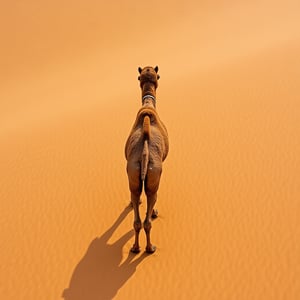 Top down satellite view of a camel walking in a dessert