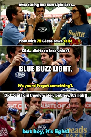 Parody commercial for "Blue Buzz Light Beer", showcasing various people drinking the beer at events like barbecues and tailgates. The narrator announces, "Introducing Bud Light Beer...now with 75% less value!" People hold up cans and look puzzled, noting "Did...did they forget something?" while the tagline appears in bold letters, "Blue Buzz Light: It's practically water, but hey, it's light!" The scene closes with upbeat music, people shrugging and laughing as they drink, with a humorous tone.