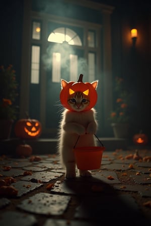 Professional film grain horror photography. Ring Camera footage of a kitten standing in front of a house. The kitten is wearing a carved pumpkin as a helmet, its small paws holding a candy bucket while trick-or-treating outside a spooky door. The kitten's costume is cute yet eerie, with the pumpkin head slightly oversized for its body. Wisps of smoke and a ghostly gas spirit rise from the ground behind the kitten, giving the scene a haunting, supernatural feel. The overall vibe is whimsical and spooky. Soft moonlight, misty atmosphere, glowing Halloween decorations, spooky yet adorable mood.
smoke and gas spirit rising up.  horror scary glowing