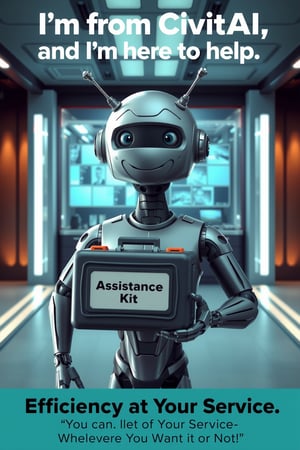 A parody poster titled "I'm from CivitAI, and I'm here to help", featuring a friendly, slightly overzealous AI assistant with a large, exaggerated smile, holding a toolkit marked "Assistance Kit." The AI has a humanoid appearance, with a metallic finish and small antennas, standing in front of a futuristic, sleek office with faint holographic screens in the background. The tagline at the bottom reads: "Efficiency at Your Service--Whether You Want It or Not!"