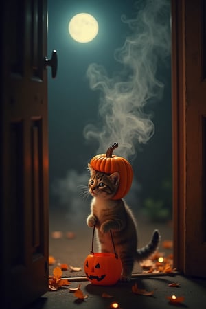 Front door cam photo of a kitten standing outside of an open door. The kitten is wearing a carved pumpkin as a helmet, its small paws holding a candy bucket while trick-or-treating outside a spooky door. The kitten's costume is cute yet eerie, with the pumpkin head slightly oversized for its body. Wisps of smoke and a ghostly gas spirit rise from the ground behind the kitten, giving the scene a haunting, supernatural feel. The overall vibe is whimsical and spooky. Soft moonlight, misty atmosphere, glowing Halloween decorations, spooky yet adorable mood.
smoke and gas spirit rising up.  horror scary glowing