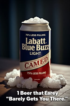 A humorous, satirical advertisement for "Labatt Blue Buzz" showcasing a comically plain beer can with minimal branding that reads "Labatt Blue Buzz Light" in a simple font. The can is labeled as "75% Less Filling," emphasizing its ironic lack of quality. The ad setup is in a mock 1980s commercial style, with exaggerated colors and a deliberately low-budget feel. The can is half-filled with foam and bubbles, giving it an underwhelming appearance. Dimly lit with soft shadows, cheesy slogan at the bottom reads "The Beer that Barely Gets You There!" vintage advertisement style, retro color palette, playful, ironic, cinematic lighting, soft blur edges.