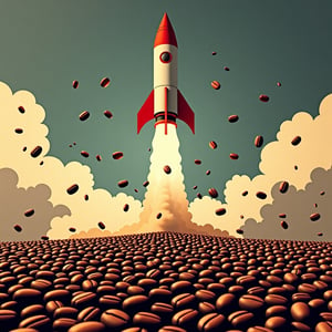 Soviet propaganda poster. A rocket taking off, with coffee beans bursting out, scattering all over the ground.