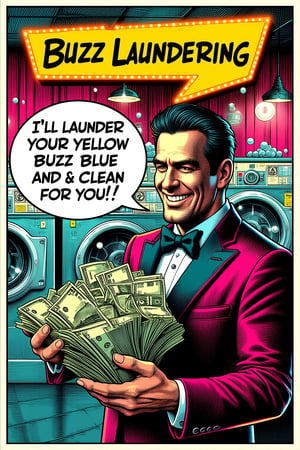 A poster advertising a comical "Buzz laundering" service. The central character is a sleazy salesman, around 40 years old, with slicked-back hair, a flashy suit, and a wide, exaggerated grin. He's holding stacks of cash in one hand. A speech bubble reads, "I'll launder your yellow buzz blue and clean for you!" The background is a laundromat filled with washing machines dollar bills and soap bubbles, adding humor to the shady business vibe. Bright neon lighting, retro colors, slightly worn look, pop art style, high contrast, retro comic illustration.