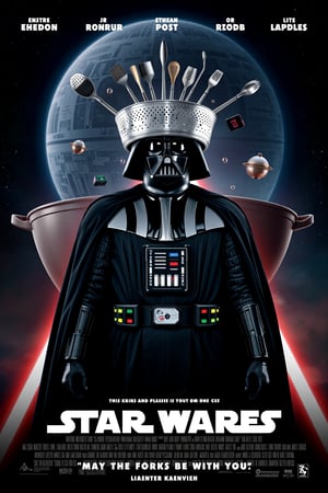 mvpstr with the title:"STAR WARES", cinematic movie poster featuring Darth Vader with a kitchen colander hilariously replacing his iconic helmet. His imposing figure is still dressed in full black armor, but the absurdity of the colander contrasts with his usual menacing presence. Behind him, instead of the Death Star, there's a giant kitchen pot and utensils floating in space. Lightsabers have been replaced with glowing kitchen tools, like spatulas and ladles. The tagline at the bottom reads: "May the Forks Be with You!" in a playful, space-themed font, completing the comedic twist.