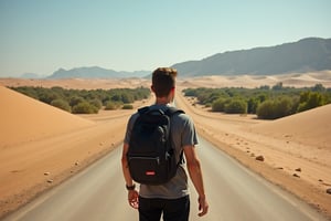 A man is at a crossroad in the desert, with two divergent roads. The man wears a dark grey shirt and black pants wearing a backpack. The road on the right lead to a distant oasis, is covered by a bright light. The road on the left is covered by a dark shadow. The man looks toward the lush green oasis.