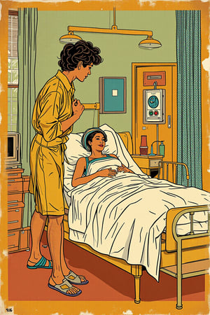 Pop art, graphic, 60s, delivery room, surgeion standing next to bed and holding bany, mom in bed