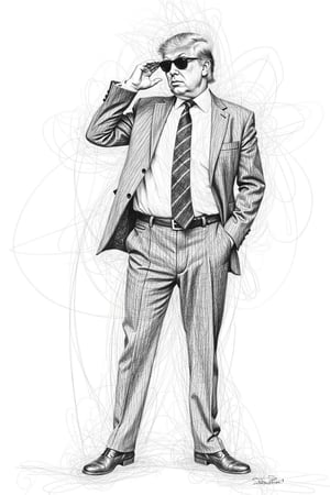 This is a detailed, alluring pose, intricate pencil drawing of Donald Trump, The image is a detailed, wearing dark sunglasses, frenzied look, recognizable by his iconic hairstyle and facial features. He is depicted in a sultry, intricate, expressive style with swirling lines that create a sense of movement and energy. He is standingwith his right hand raised to his head