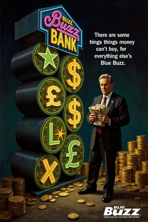 Oil painting. Advertisement with the tagline: "There are some things money can't buy; for everything else, there's Blue Buzz." The scene features a businessman in a suit holding a lot of money while standing beside an over-the-top neon "Buzz Bank" sign, filled with glowing, exaggerated currency symbols. In the background, stacks of buzz coins are scattered around as if they're piling up. 