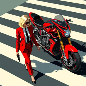 Anime style. Art by J.C. Leyendecker. Overhead shot of an Blonde woman walking away from a futuristic motorcycle parked at a zebra crossing. The woman has bob hair, is smoking. She wear a red business suit, white shirt, black tie, and sunglasses. She holds a gun with a confident grip. The motorcycle itself is red, sleek and metallic, with intricate designs and a futuristic vibe, BNR STYLE