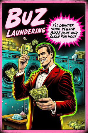 A poster advertising a comical "Buzz laundering" service. The central character is a sleazy salesman, around 40 years old, with slicked-back hair, a flashy suit, and a wide, exaggerated grin. He's holding stacks of cash in one hand. A speech bubble reads, "I'll launder your yellow buzz blue and clean for you!" The background is a laundromat filled with washing machines dollar bills and soap bubbles, adding humor to the shady business vibe. Bright neon lighting, retro colors, slightly worn look, pop art style, high contrast, retro comic illustration.