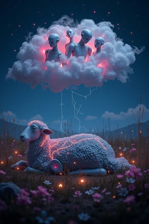 Create a surreal and imaginative scene depicting an electric sheep sleeping in a futuristic, neon-lit meadow. The sheep, with a metallic and wireframe body, has glowing circuits running through its wool. Above the sheep, in a dream cloud, visualize humanoid androids in a serene, dreamlike state, floating in the void. The androids are sleek and futuristic, with gentle expressions, symbolizing the sheep's dream. The background should be a mix of digital and natural elements, blending the boundary between technology and nature. The overall mood is contemplative and otherworldly, inviting reflection on the relationship between artificial life and its creators.