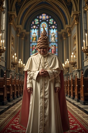 A surreal and whimsical scene of the Pope standing inside a grand, ornate church. The Pope is dressed in traditional papal robes, but with a humorous twist--his head is replaced by a perfectly swirled chocolate soft-serve ice cream cone. The church interior is richly detailed with stained glass windows, high arches, and gold accents, creating a contrast with the playful, unexpected ice cream head. The atmosphere should be a mix of reverence and light-hearted absurdity, blending the solemnity of the church setting with the whimsical and humorous nature of the Pope's ice cream swirl head.