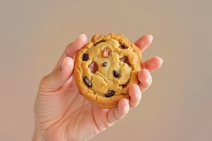 Photo of a hand holding a cookie with the pinkies up