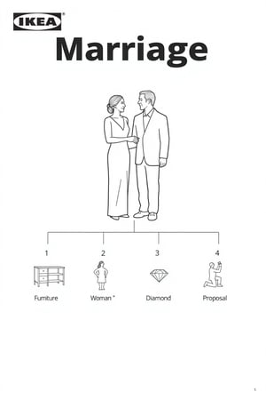 This image is a black-and-white line drawing, styled as a product listing for IKEA, featuring a couple getting married.

Below the couple, there are four numbered steps, each accompanied by a small, detailed illustration. Step 1: Furniture is shown, "Furniture". Step 2: A small woman is depicted, "Woman ". Step 3: A small diamond is shown, "Diamond". Step 4: A small man kneeling, proposing to a small woman is illustrated, "Proposal". 
The background is plain white, with the IKEA logo and "Marriage" in bold, uppercase letters at the top.
