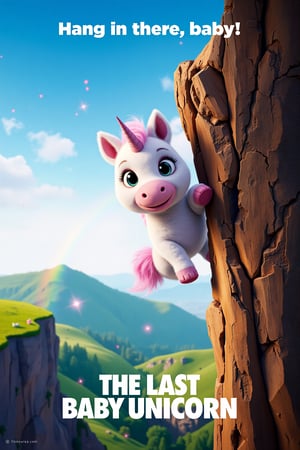 mvpstr. Epic Movie poster for "The Last Baby Unicorn", featuring A cute, wide-eyed baby unicorn with pastel-colored fur and a tiny horn hanging precariously to the edge of a cliff, about to fall off. In the background, a whimsical, mystical landscape is visible, with gentle hills, magical sparkles, and a faint rainbow. tagline at the top reads: "Hang in there, baby!"  At the bottom, add the film title, "The Last Baby Unicorn," in a playful, fantasy-style font that complements the lighthearted tone.