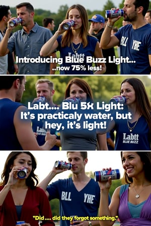 Parody commercial for "Labatt Blue Buzz Light", showcasing various people drinking the beer at events like barbecues and tailgates. The narrator announces, "Introducing Blue Buzz Light... now 75% less!" People hold up cans and look puzzled, noting "Did...did they forget something?" while the tagline appears in bold letters, "Labtt Blue Buzz Light: It's practically water, but hey, it's light!" The scene closes with upbeat music, people shrugging and laughing as they drink, with a humorous tone.