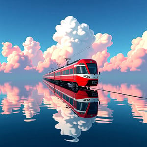 Generate a surreal and breathtaking scene of a red train traveling across a reflective surface of water, making it look as though the train is floating. The water mirrors the vibrant, expansive sky filled with large, soft clouds in shades of white and pink. The sky is a brilliant blue with hints of sunlight illuminating the clouds, creating a dreamlike atmosphere. The train moves forward with no visible tracks, and the reflection in the water enhances the magical, serene ambiance of the image., BNR STYLE