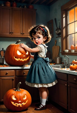 A baby girl 4yo,  Fierce,  vintage,  2d,  pin-up,  ink,  watercolor,  mail art,  best quality,  kitchen room,  fierce cooking,  close up mad young Fierce housewife furiously attacking a big pumpkin with big knife. detailed extremely furious face expression,  dynamic pose,  kitchen,  table,  window,  moonlight,  Norman Rockwell,  Craola,  Dan Mumford,  Andy Kehoe,  Miyazaki,  flat,  cute,  adorable,  storybook detailed illustration,  ultra highly detailed,  tiny details,  beautiful details,  mystical,  luminism,  vibrant colors,  complex background