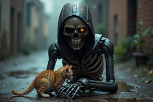 A broken terminator robot skeleton, covered in a hood, abandoned in a rain-soaked back alley. The weathered metal contrasts with the damp pavement, creating an eerie atmosphere. A curious kitten cautiously explores the skeleton, its fur glistening with raindrops. The overall ambiance of the image is both melancholic and mysterious, evoking a sense of abandonment and the passage of time.