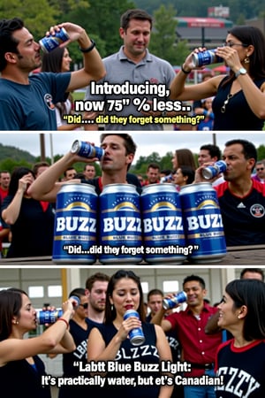 Parody commercial for "Labatt Blue Buzz", showcasing various people drinking the beer at events like barbecues and tailgates. The narrator announces, "Introducing Blue Buzz... now 75% less!" People hold up cans and look puzzled, noting "Did...did they forget something?" while the tagline appears in bold letters, "Labtt Blue Buzz Light: It's practically water, but eh, it's Canadian!" The scene closes with upbeat music, people shrugging and laughing as they drink, with a humorous tone.