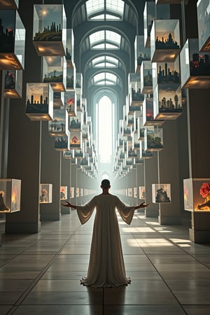 A vast, cathedral-like chamber filled with floating, translucent cubes that each contain a different surreal scene: a burning forest, a cityscape turned upside-down, a disembodied hand holding a blooming rose. In the center, a person dressed in flowing, geometric robes conducts the cubes like an orchestra, their motions creating ripples that distort the space around them, bending the cubes into impossible angles.