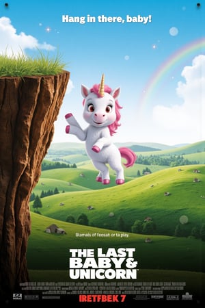 Vintage Movie poster for "The Last Baby Unicorn", featuring A cute, wide-eyed baby unicorn with pastel-colored fur and a tiny horn hanging precariously to the edge of a cliff, about to fall off. In the background, a whimsical, mystical landscape is visible, with gentle hills, magical sparkles, and a faint rainbow. tagline at the top reads: "Hang in there, baby!"  At the bottom, add the film title, "The Last Baby Unicorn," in a playful, fantasy-style font that complements the lighthearted tone.