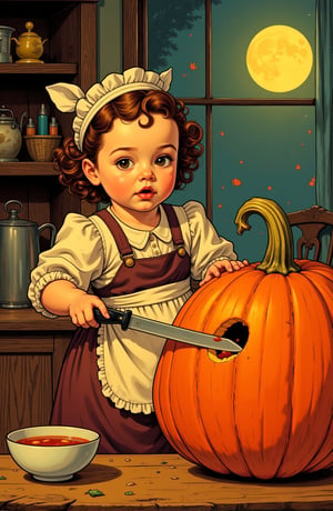 illustrated artwork by J.C. Leyendecker. A baby girl 4yo dressed as a housewife with big knife furiously attacking a head of big pumpkin,  dynamic pose,  kitchen,  table,  window,  moonlight,  Norman Rockwell,  Craola,  Dan Mumford,  Andy Kehoe,  Miyazaki,  flat,  cute,  adorable,  storybook detailed illustration,  ultra highly detailed,  tiny details,  beautiful details,  mystical,  luminism,  vibrant colors,  complex background,