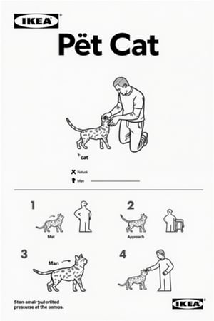 This image is a black-and-white line drawing, styled as a product listing for IKEA, featuring a man peting a cat.

Below the man and the cat, there are four numbered steps, each accompanied by a small, detailed illustration. Step 1: A small cat is shown, "cat". Step 2: A small man is depicted, "Man ". Step 3: A small man standing beside cat is shown, "Approach". Step 4: A small man petting the small cat is illustrated, "Man pets cat".

The background is plain white, with the IKEA logo and "Pet Cat" in bold, uppercase letters at the top.
