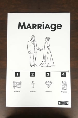 This image is a black-and-white line drawing, styled as a product listing for IKEA, featuring a couple getting married.

Below the couple, there are four numbered steps, each accompanied by a small, detailed illustration. Step 1: Furniture is shown, "Furniture". Step 2: A small woman is depicted, "Woman ". Step 3: A small diamond is shown, "Diamond". Step 4: A small man kneeling, proposing to a small woman is illustrated, "Proposal". 
The background is plain white, with the IKEA logo and "Marriage" in bold, uppercase letters at the top.
