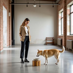 spacious, minimalist loft with high ceilings and exposed brick walls. A stylish woman stands nearby, smiling as her dog approaches a small ceramic bowl with a  bamboo stand. Natural light gently illuminating the space. 