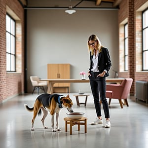 spacious, minimalist loft with high ceilings and exposed brick walls. A stylish woman stands nearby, smiling as her dog approaches a stylish ceramic bowl with a  bamboo stand. Natural light gently illuminating the space. 