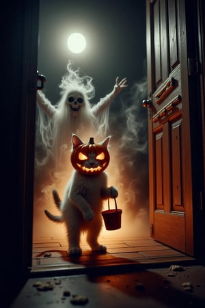 Front door cam photo of a kitten standing outside of an open door. The kitten is wearing a carved pumpkin as a helmet, its small paws holding a candy bucket while trick-or-treating outside a spooky door. The kitten's costume is cute yet eerie, with the pumpkin head slightly oversized for its body. Wisps of smoke and a ghostly gas spirit rise from the ground behind the kitten, giving the scene a haunting, supernatural feel. The overall vibe is whimsical and spooky. Soft moonlight, misty atmosphere, glowing Halloween decorations, spooky yet adorable mood.
smoke and gas spirit rising up.  horror scary glowing